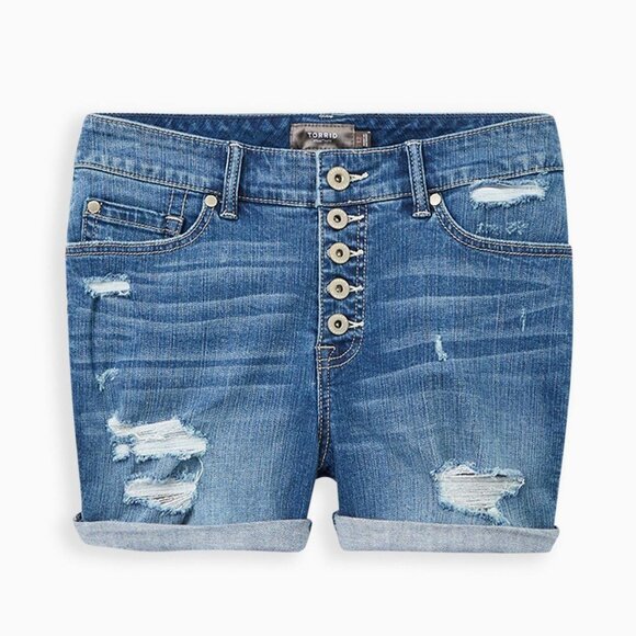 Torrid 3.5 Inch Vintage Stretch Mid-Rise Short Distressed Button Fly Size 18 - Picture 1 of 11